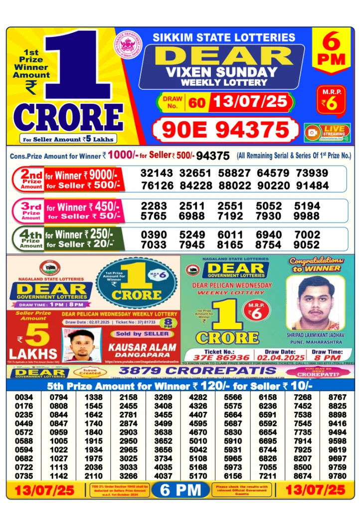 Dear Lottery Result Today(13-7-2025) | 6PM