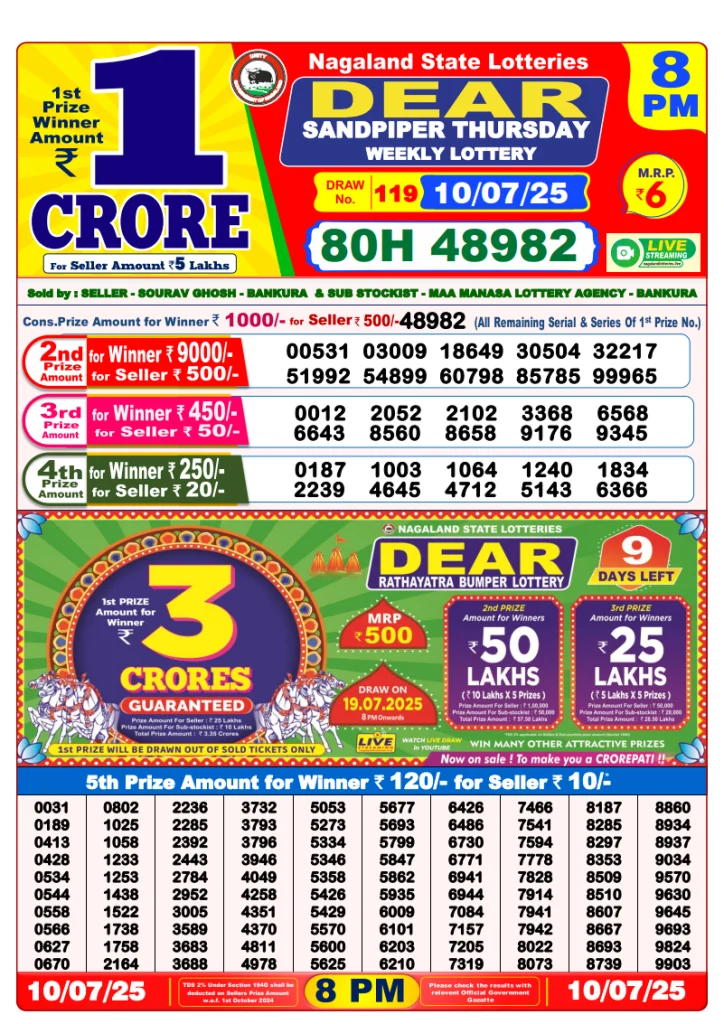 Dear Lottery Result Today(10-7-2025) | 8PM