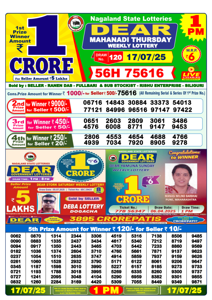 Dear Lottery Result Today(17-7-2025) | 1 PM