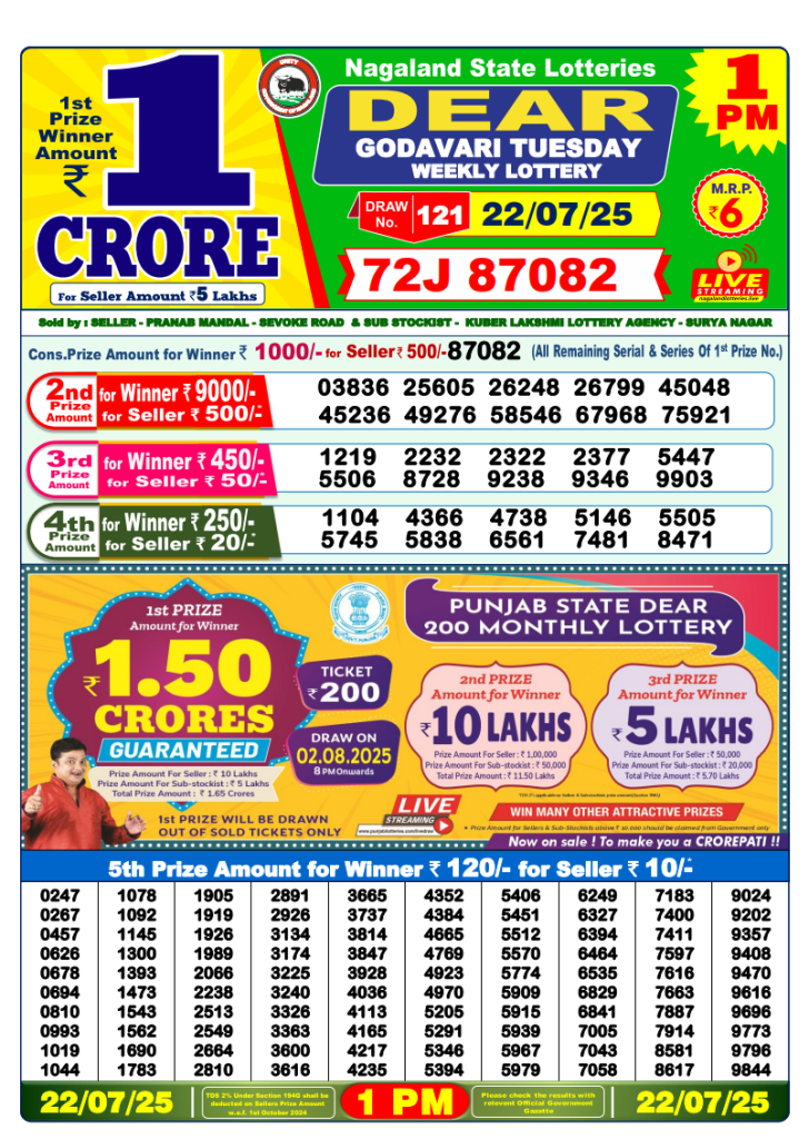 Dear Lottery Result Today(22-7-2025) | 1 PM