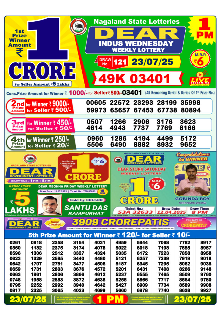 Dear Lottery Result Today(23-7-2025) | 1 PM