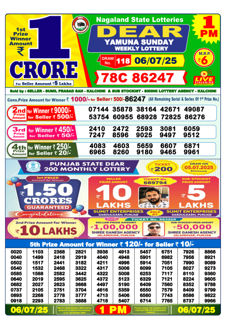 Dear Lottery Result Today(6-7-2025) | 1PM