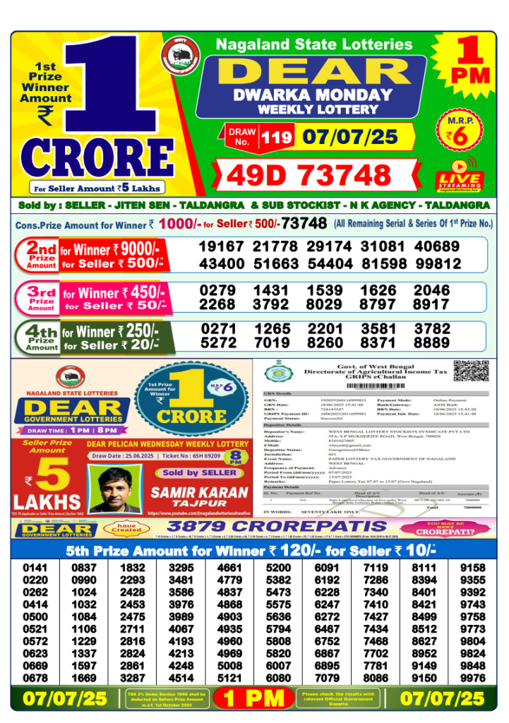 Dear Lottery Result Today(7-7-2025) | 1PM