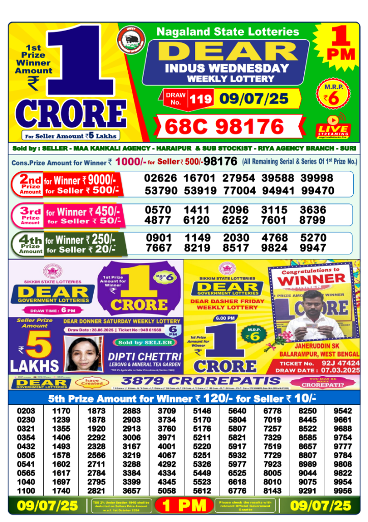 Dear Lottery Result Today(9-7-2025) | 1PM