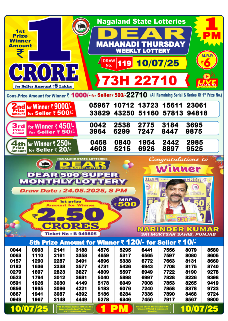 Dear Lottery Result Today(10-7-2025) | 1PM