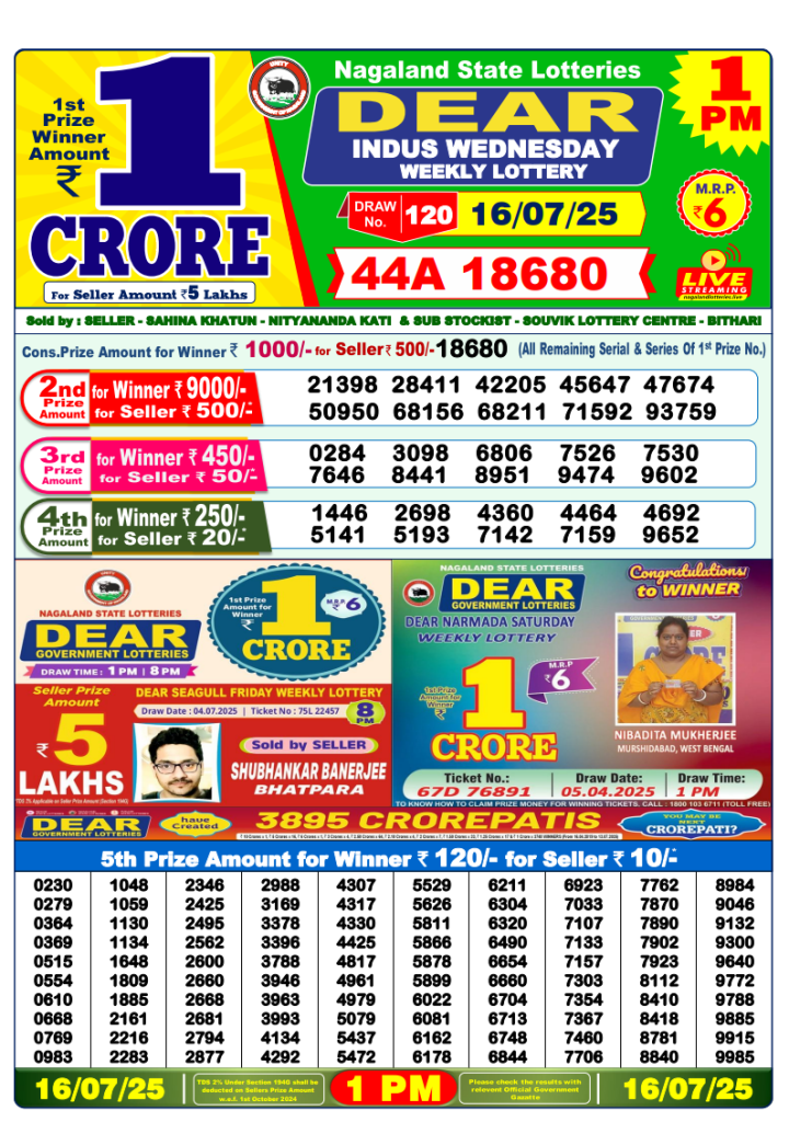 Dear Lottery Result Today(16-7-2025) | 1 PM