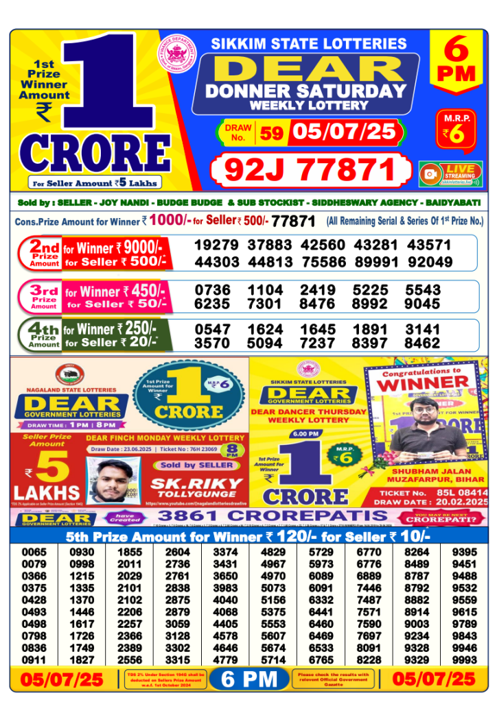 Dear Lottery Result Today(5-7-2025) | 6 PM