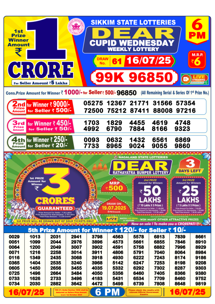 Dear Lottery Result Today(16-7-2025) | 1 PM