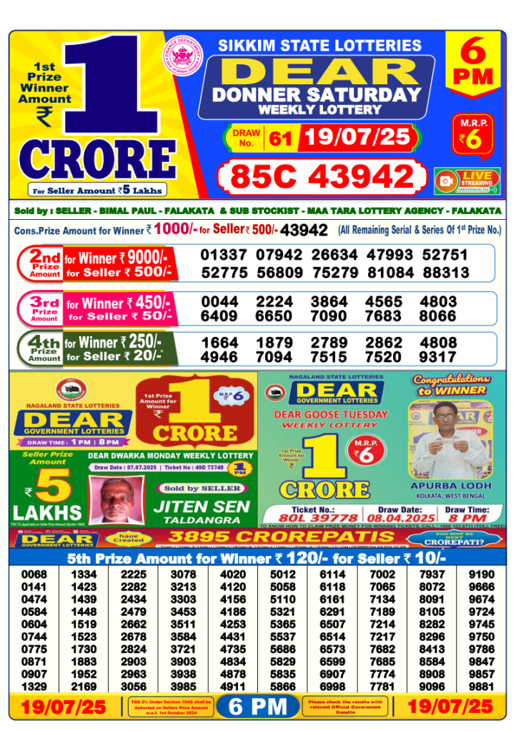 Dear Lottery Result Today(19-7-2025) | 6 PM