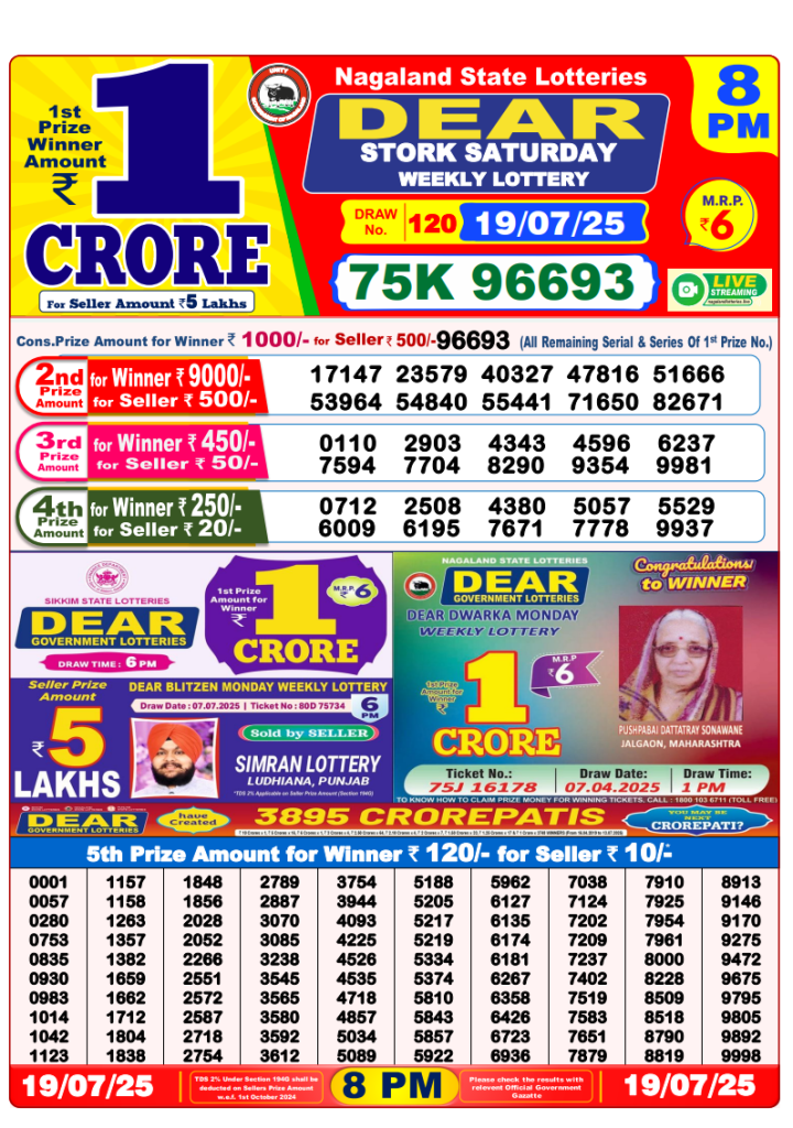 Dear Lottery Result Today(19-7-2025) | 8 PM