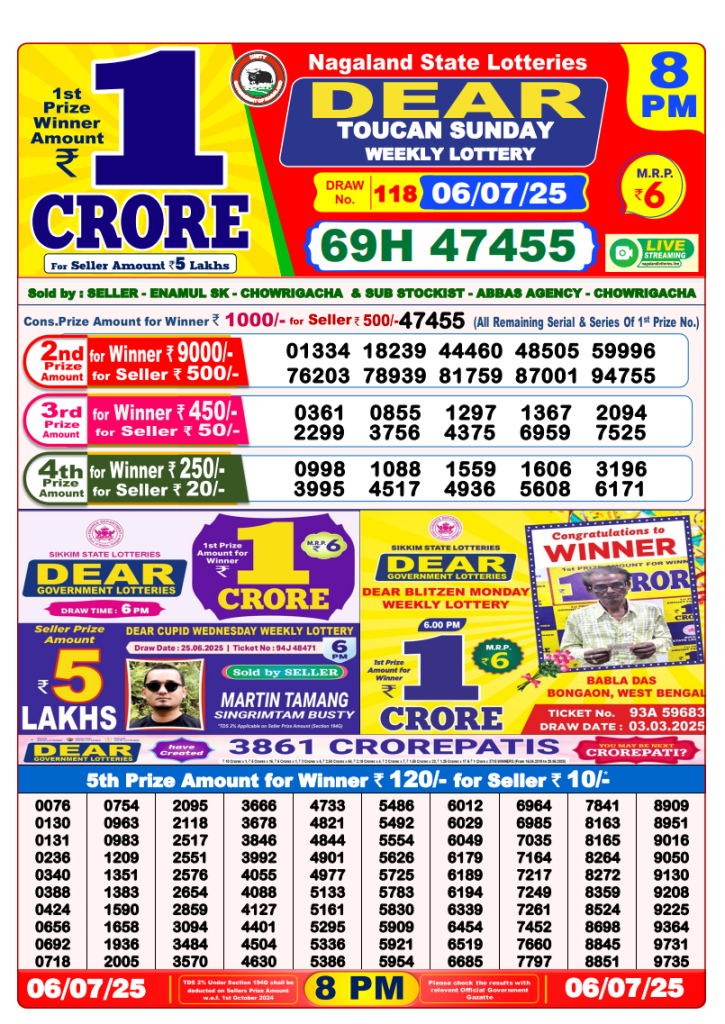 Dear Lottery Result Today(6-7-2025) | 8PM
