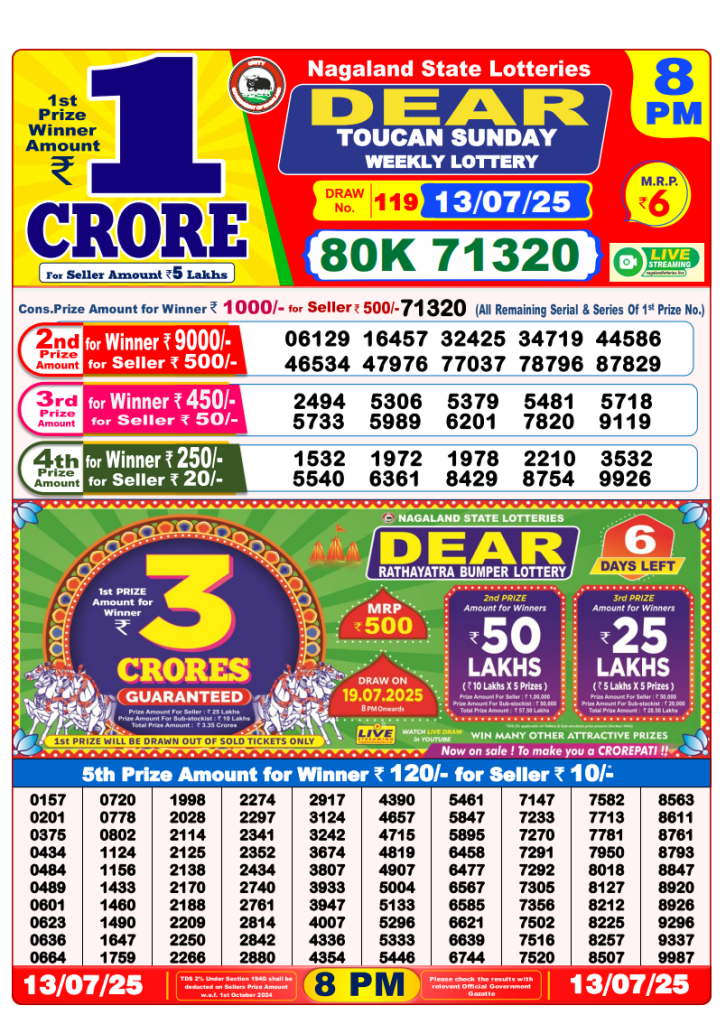 Dear Lottery Result Today(13-7-2025) | 8PM