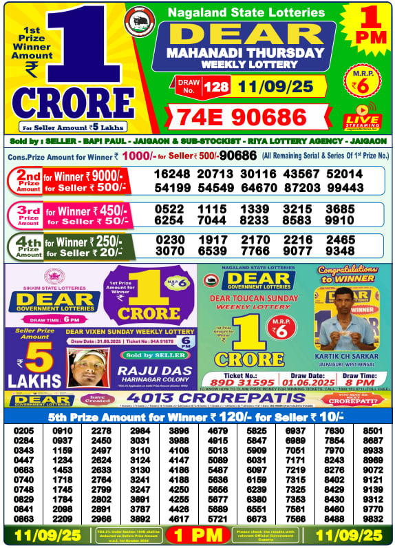 Dear Lottery Result Today(11-9-2025) | 1 PM