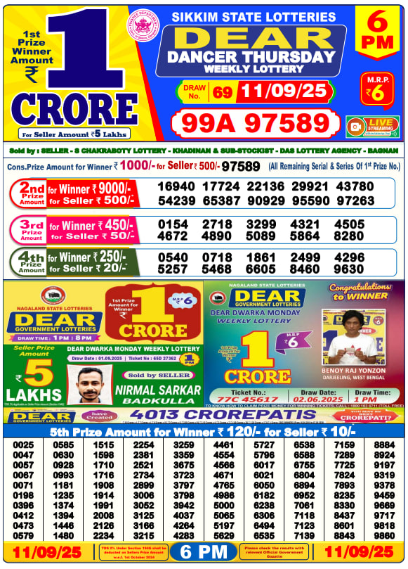 Dear Lottery Result Today(11-9-2025) | 6 PM