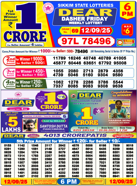 Dear Lottery Result Today(12-9-2025) | 6 PM