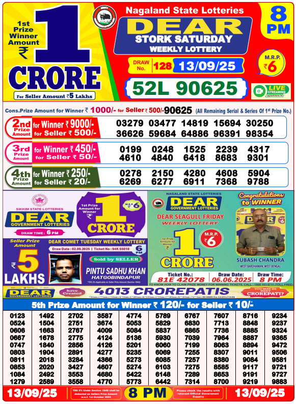 Dear Lottery Result Today(13-9-2025) | 8 PM