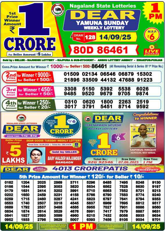 Dear Lottery Result Today(14-9-2025) | 1 PM