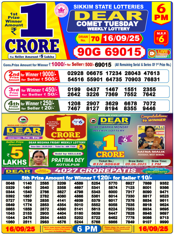Dear Lottery Result Today(16-9-2025) | 6 PM
