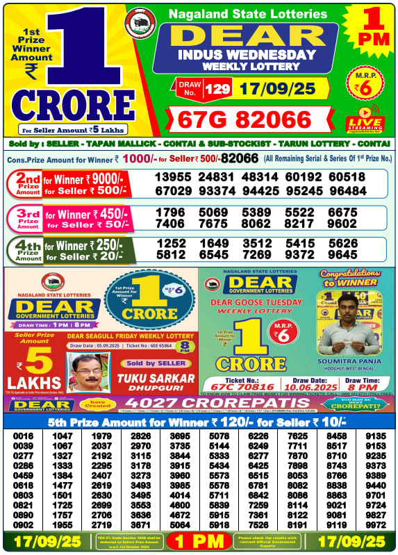 Dear Lottery Result Today(17-9-2025) | 1 PM
