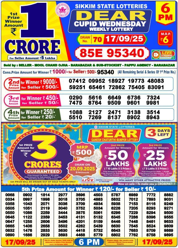Dear Lottery Result Today(17-9-2025) | 6 PM