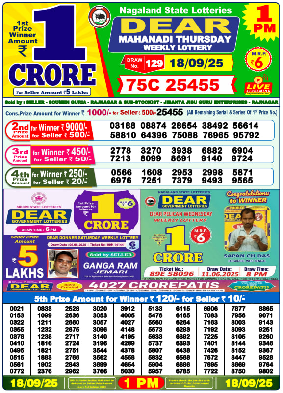 Dear Lottery Result Today(18-9-2025) | 1 PM