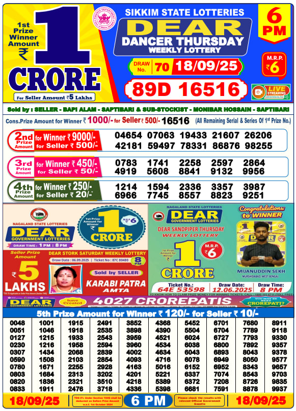 Dear Lottery Result Today(18-9-2025) | 6 PM