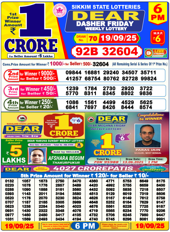 Dear Lottery Result Today(19-9-2025) | 6 PM