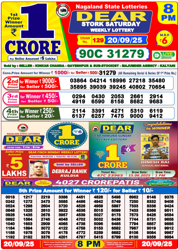 Dear Lottery Result Today(20-9-2025) | 8 PM