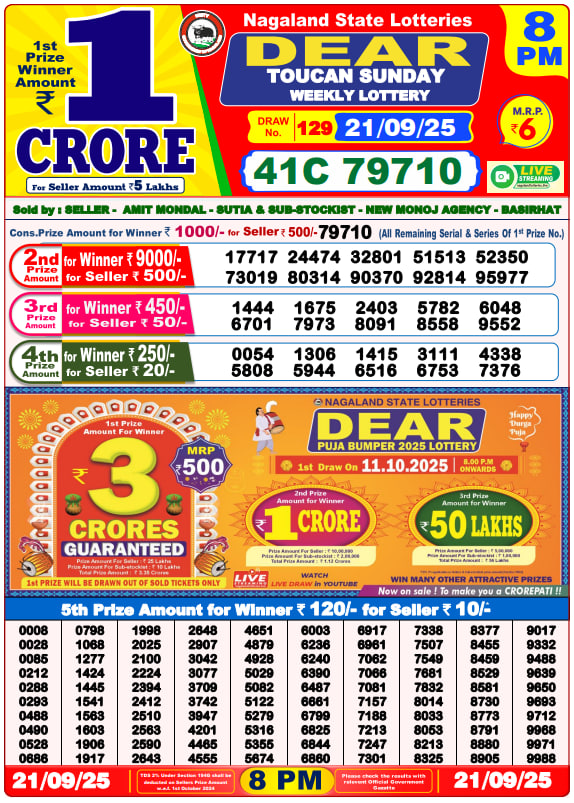 Dear Lottery Result Today(21-9-2025) | 8 PM