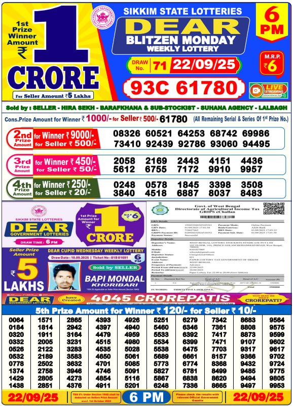 Dear Lottery Result Today(22-9-2025) | 6 PM