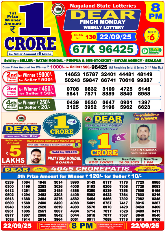 Dear Lottery Result Today(22-9-2025) | 8 PM
