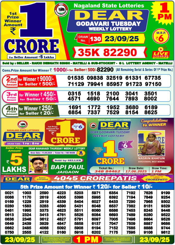 Dear Lottery Result Today(23-9-2025) | 1 PM