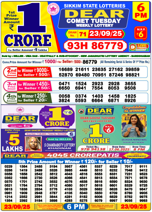 Dear Lottery Result Today(23-9-2025) | 6 PM
