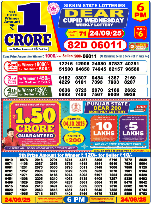 Dear Lottery Result Today(24-9-2025) | 6 PM
