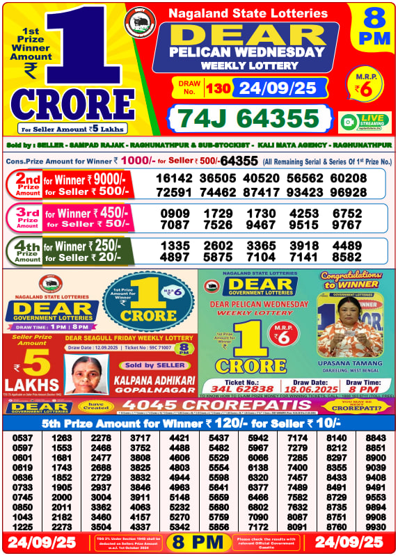 Dear Lottery Result Today(24-9-2025) | 8 PM