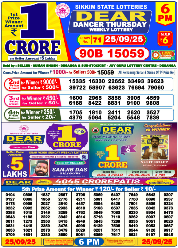 Dear Lottery Result Today(25-9-2025) | 6 PM