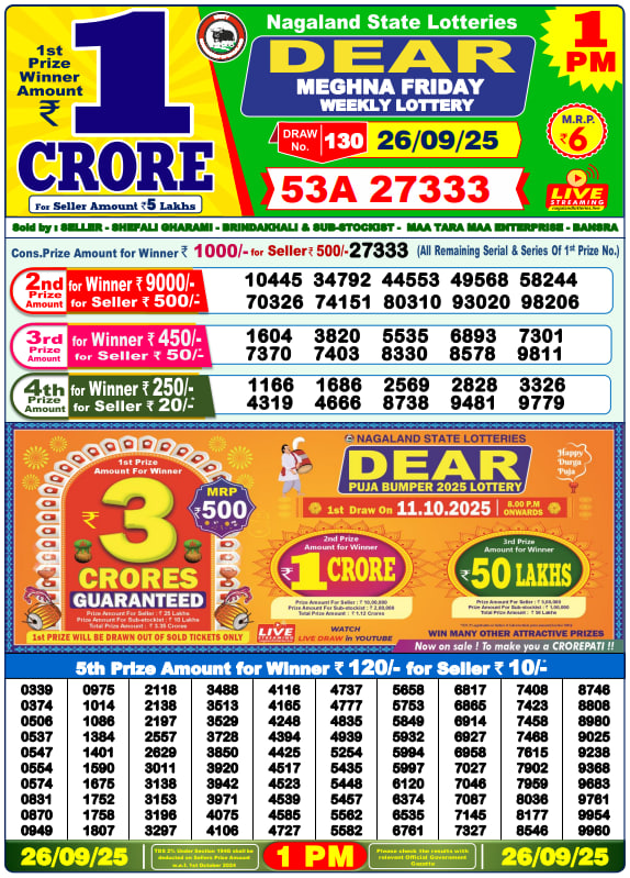 Dear Lottery Result Today(26-9-2025) | 1 PM