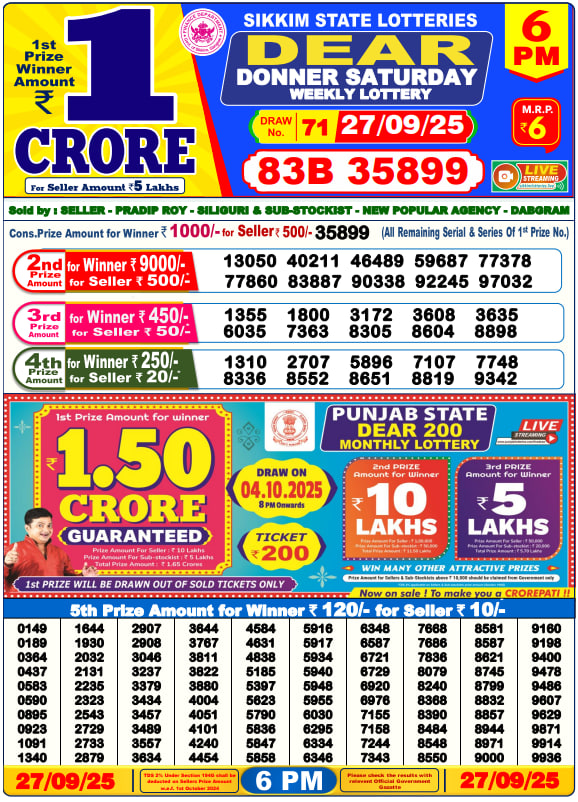 Dear Lottery Result Today(27-9-2025) | 6 PM