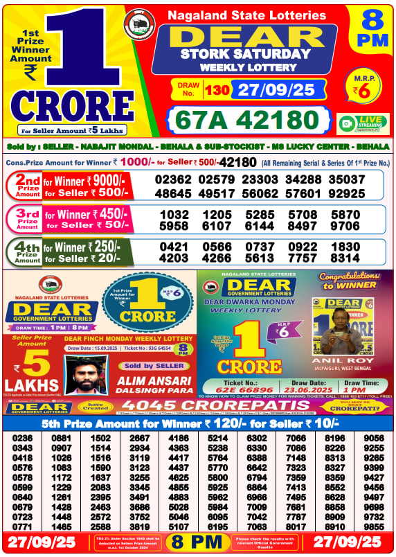 Dear Lottery Result Today(27-9-2025) | 8 PM