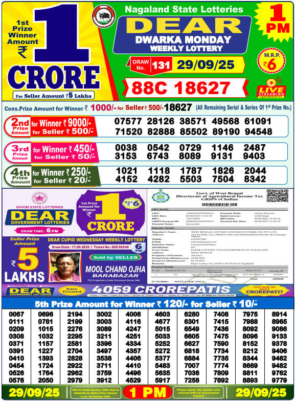 Dear Lottery Result Today(29-9-2025) | 1 PM