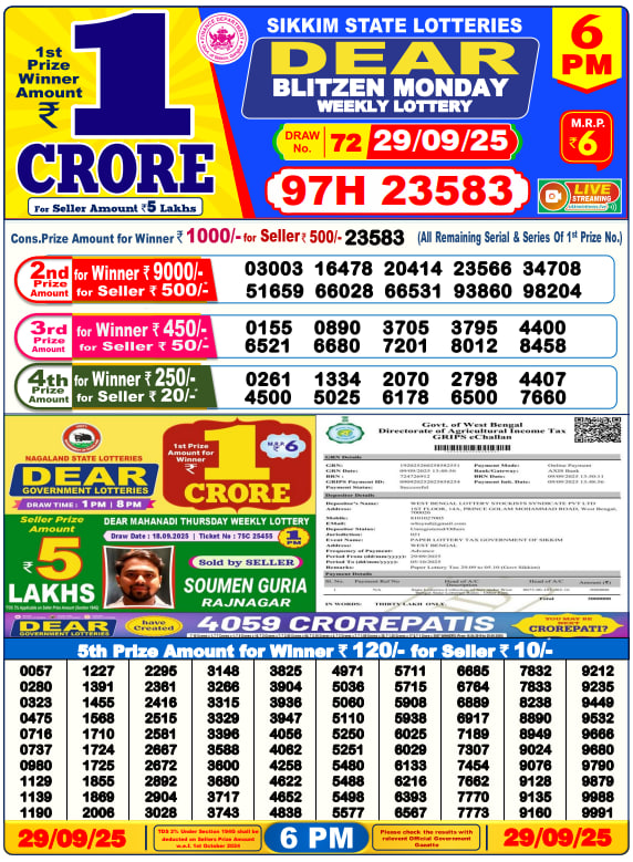 Dear Lottery Result Today(29-9-2025) | 6 PM