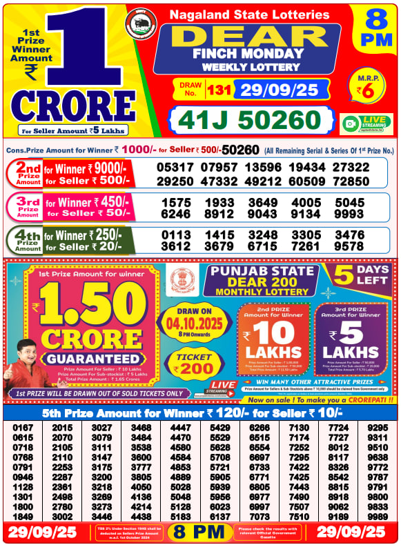 Dear Lottery Result Today(29-9-2025) | 8 PM