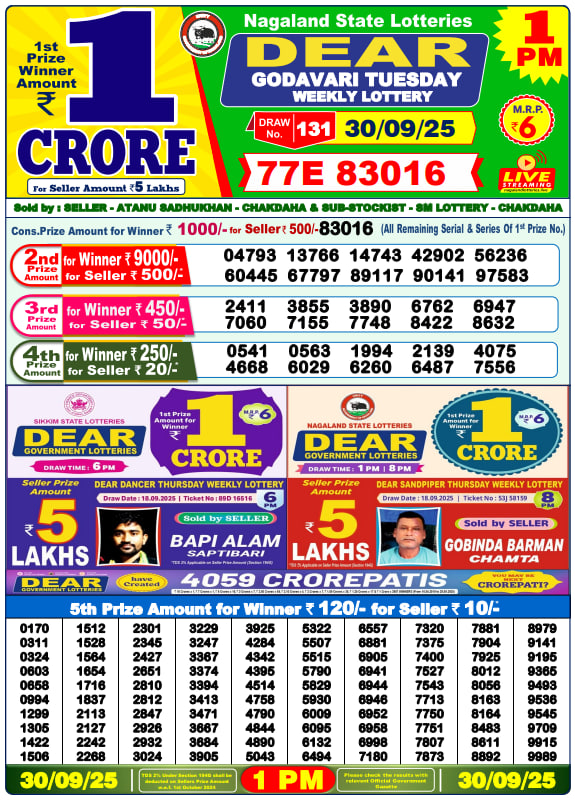 Dear Lottery Result Today(30-9-2025) | 1 PM
