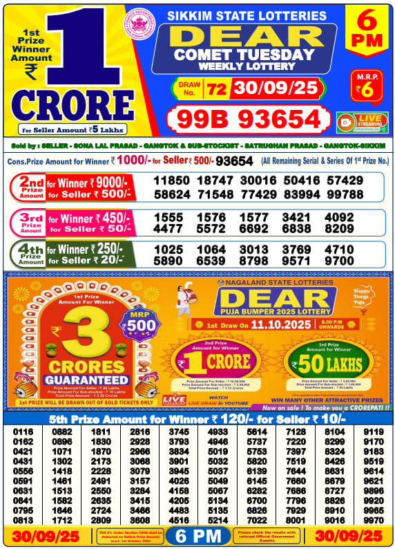 Dear Lottery Result Today(30-9-2025) | 6 PM