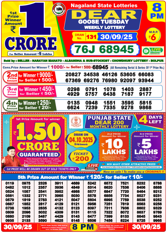 Dear Lottery Result Today(30-9-2025) | 8 PM