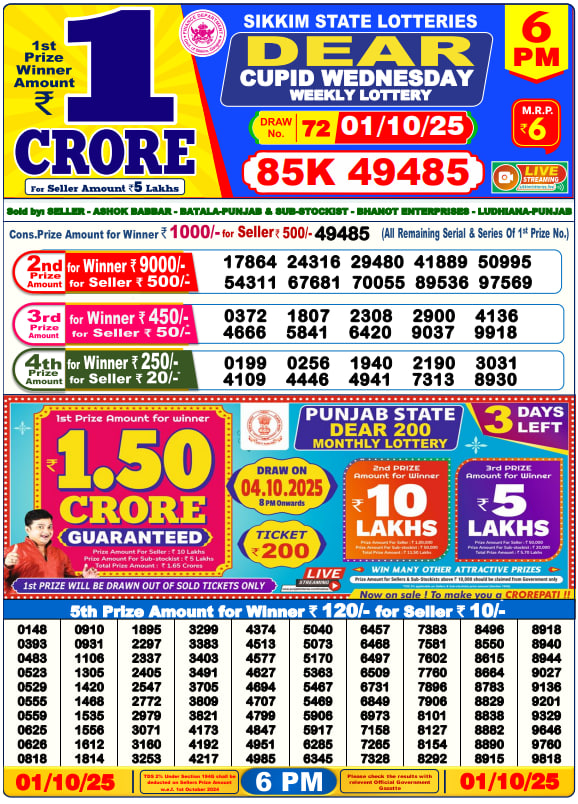 Dear Lottery Result Today(01-10-2025) | 6 PM