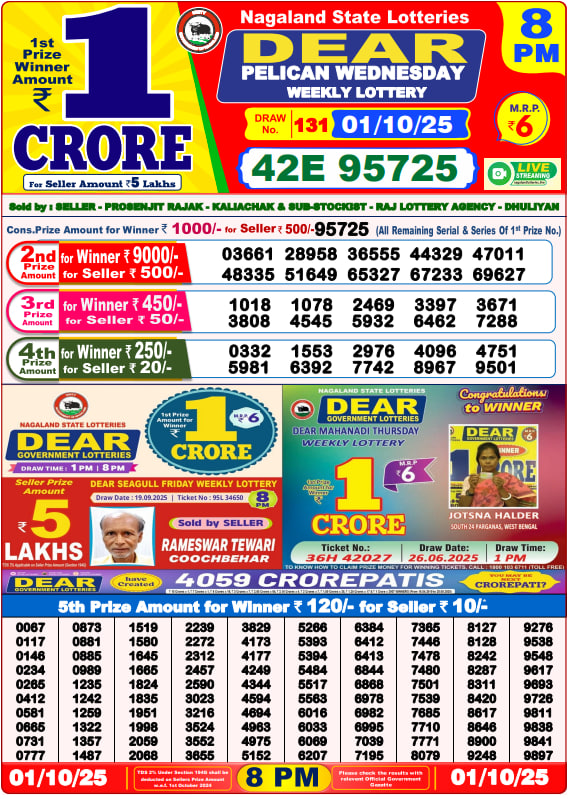 Dear Lottery Result Today(01-10-2025) | 8 PM