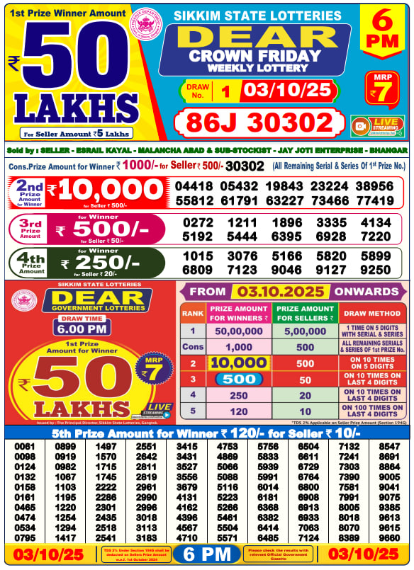 Dear Lottery Result Today(03-10-2025) | 6 PM