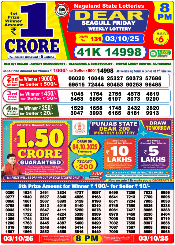 Dear Lottery Result Today(03-10-2025) | 8 PM