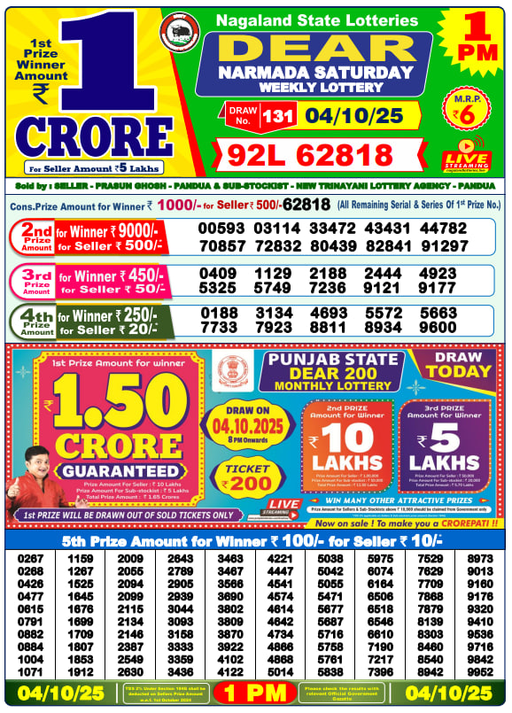 Dear Lottery Result Today(04-10-2025) | 1 PM